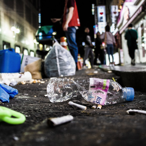 Plastic garbage on street.